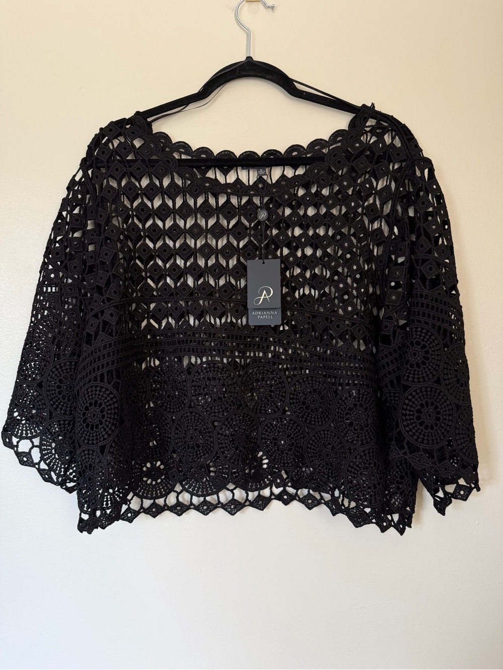 Adrianna Papell Black Open Crochet Lace Cropped Knit Women's Top XL NWT